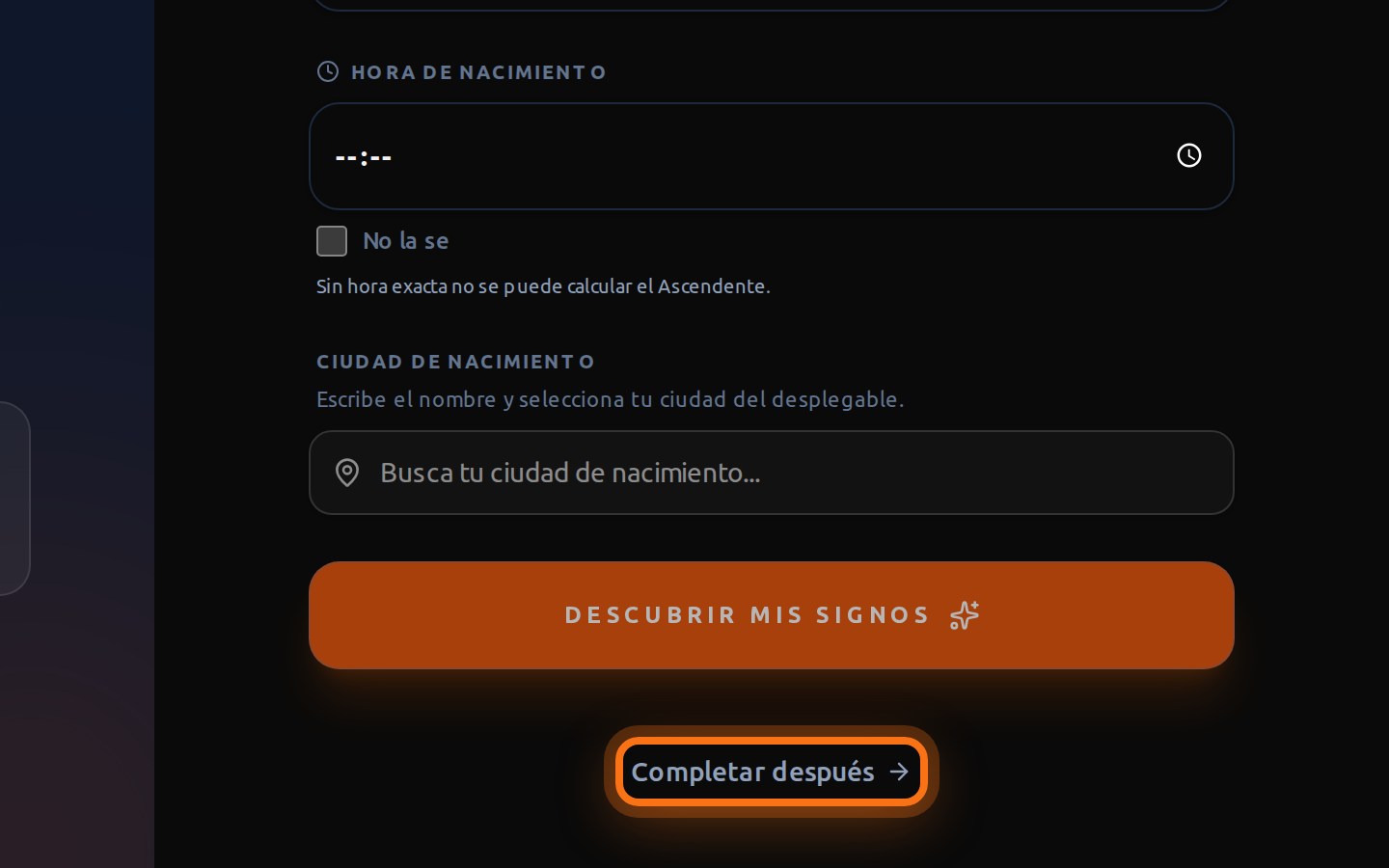 Pantalla de datos de nacimiento con el enlace Completar después