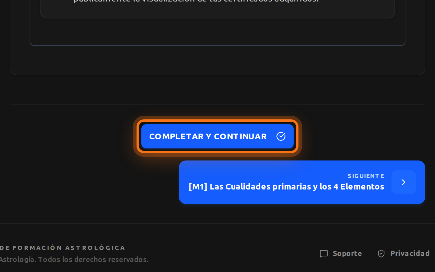 Lección abierta con el botón Completar y continuar