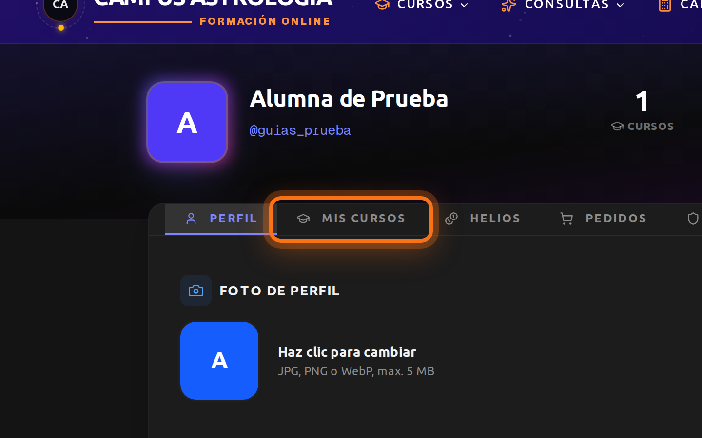 Perfil con la pestaña Mis cursos